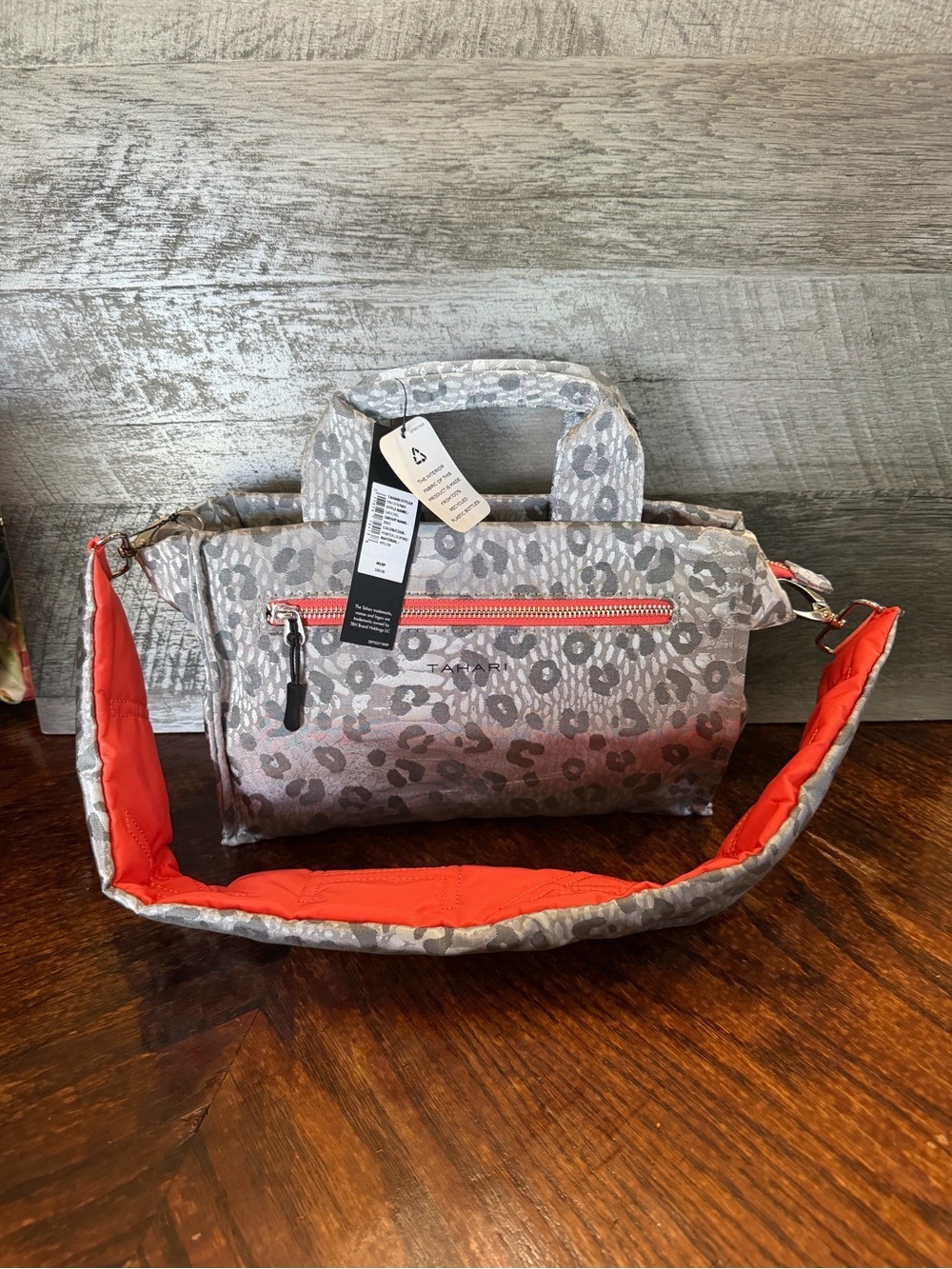 NWT Tahari Gray Leopard Print With Orange Accent Nylon Satchel W/ Shoulder Strap